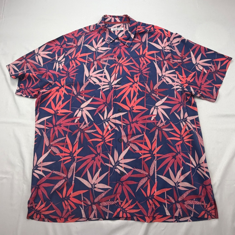 Tommy Bahama Button Up Shirt Mens XL Blue Red Silk Bamboo Leaf Print T322100